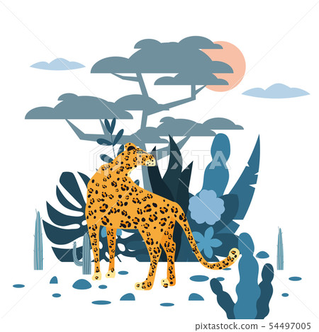 Cute leopard, plant and tree background, graphic trend style, animal predator mammal, jungle. Vector 54497005