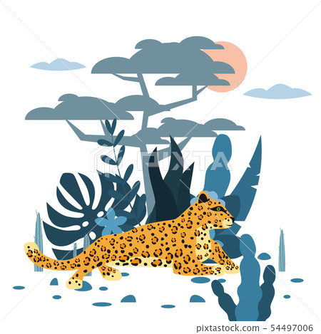 Cute leopard, plant and tree background, graphic trend style, animal predator mammal, jungle. Vector 54497006