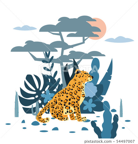Cute leopard, plant and tree background, graphic trend style, animal predator mammal, jungle. Vector 54497007