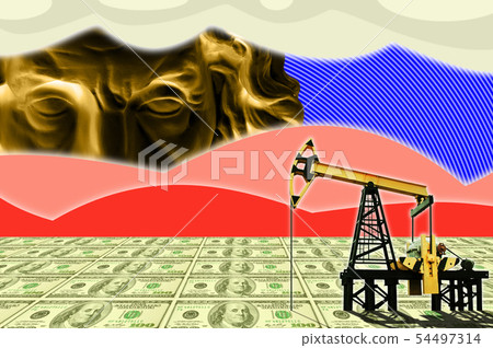 Surreal art with an antique statue head, pump jack on a dollar field. Contemporary art collage. Surreal art with an antique statue head, pump jack on a dollar field. Contemporary art collage. 54497314