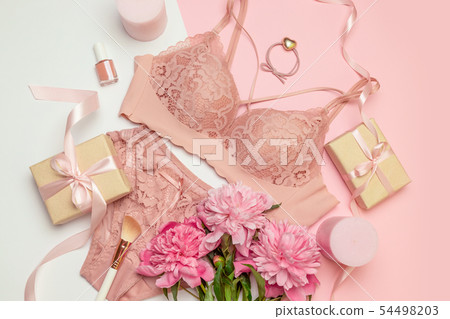 Female elegant pink lace bra and panties, pink 54498203