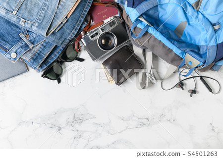 prepare backpack accessories and travel items prepare backpack accessories and travel items 54501263