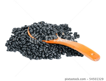 black beans with wooden spoon on white background 54501329