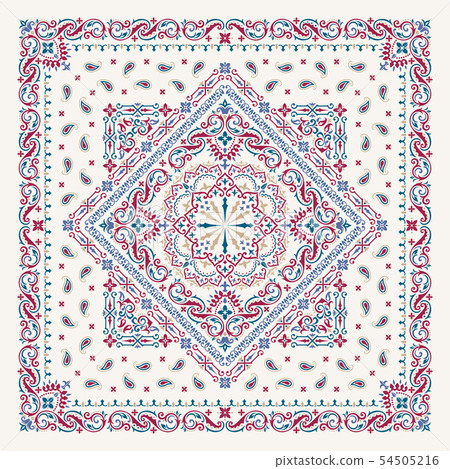 Vector ornament paisley Bandana Print. Silk neck scarf or kerchief square pattern design style, best 54505216
