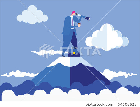 Businessman standing on top of the mountain using - Stock Illustration ...