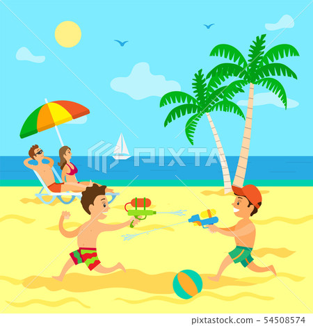 Children Playing with Water Guns, Summer Vacation Children Playing with Water Guns, Summer Vacation 54508574