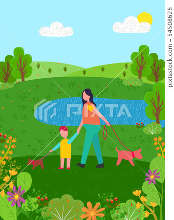 Summer Scenery, Family Walking Along Pond Lake 54508628
