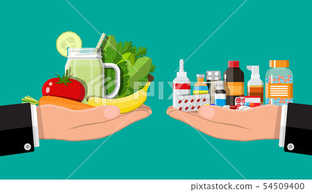 Hands scales with vegetables and drugs. Hands scales with vegetables and drugs. 54509400