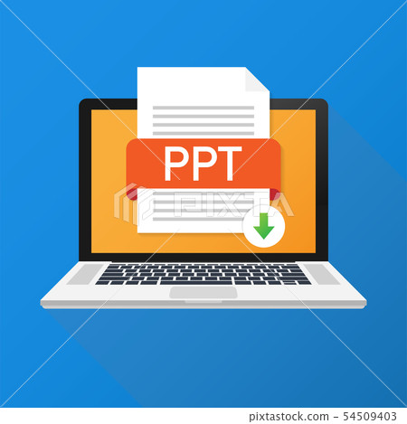 Download PPT button on laptop screen. Downloading document concept. File with PPT label and down 54509403