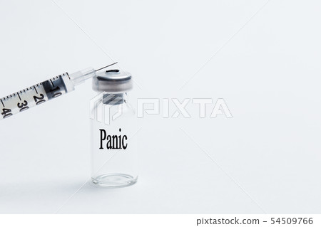 Vaccine with an inscription panic on a white isolated background and a syringe. Close-up. Vaccine with an inscription panic on a white isolated background and a syringe. Close-up. 54509766