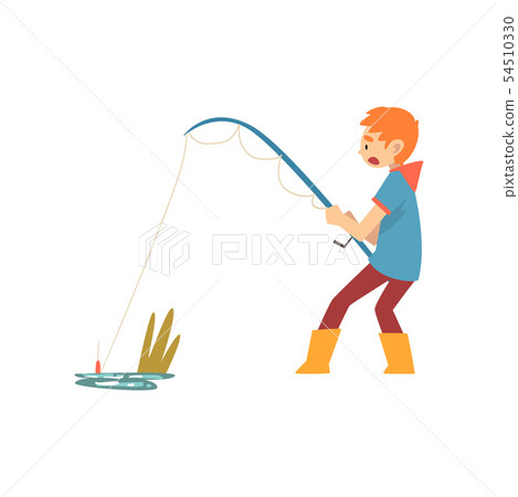 Boy Fishing with Fishing Rod, Cute Little Fisherman Cartoon Character Vector Illustration 54510330