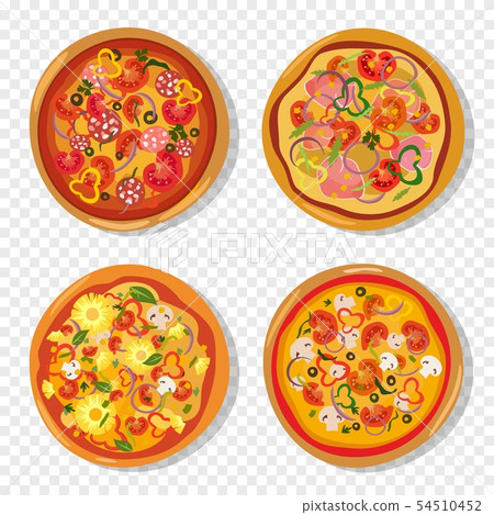 Fresh pizza with tomato, cheese, mushroom, sausage, olive, pineapple, onion, basil. Top view Fresh pizza with tomato, cheese, mushroom, sausage, olive, pineapple, onion, basil. Top view 54510452
