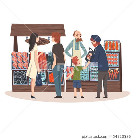 Seafood Market with Freshness Fish Products on Counter, Street Shop with Male Seller and Customers Seafood Market with Freshness Fish Products on Counter, Street Shop with Male Seller and Customers 54510586