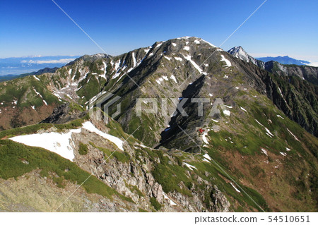 南阿爾卑斯山脈Shiramine Miyama帳篷縱向從西Norikuradake Senjogatake山頂,山。 南阿爾卑斯山脈Shiramine Miyama帳篷縱向從西Norikuradake Senjogatake山頂,山。 54510651