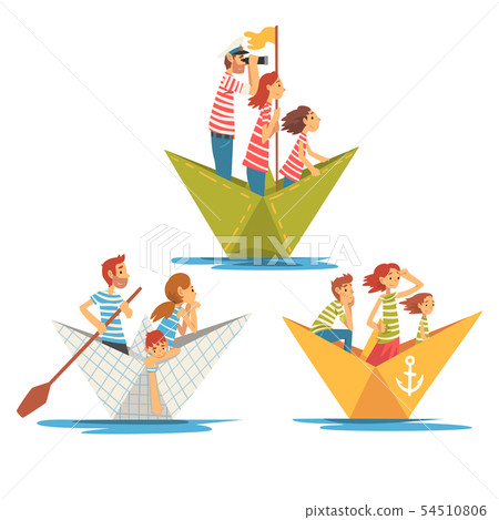 Parents and Kids in Striped T-Shirts Boating on River Set, Family Paper Boats Vector Illustration Parents and Kids in Striped T-Shirts Boating on River Set, Family Paper Boats Vector Illustration 54510806