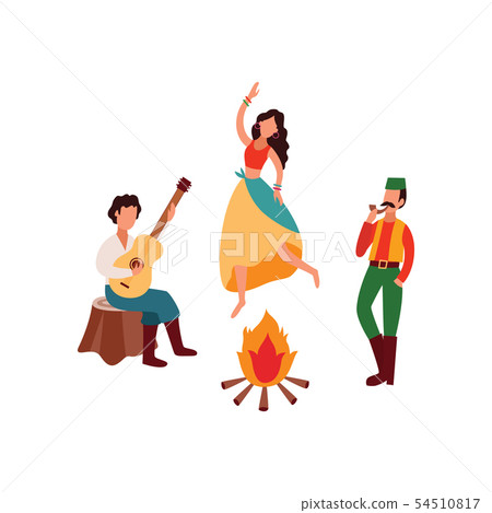 Gypsies or Romani people playing guitar and dancing flat vector illustration isolated. Gypsies or Romani people playing guitar and dancing flat vector illustration isolated. 54510817