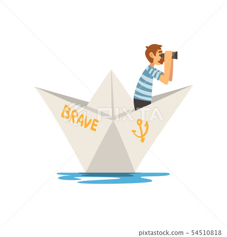 Man in Blue White Striped T-Shirt and Binoculars Boating on River, Lake or Pond in Paper Boat Vector 54510818