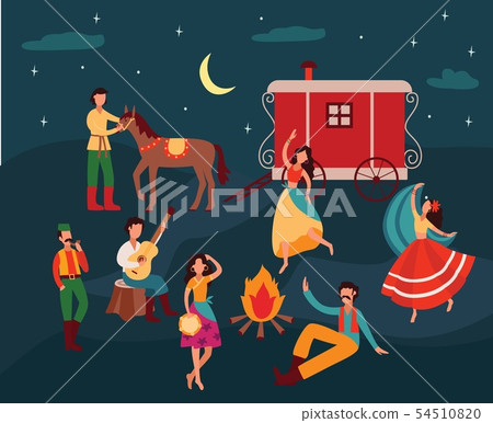Gypsy people dancing in the night, cartoon men and women in traditional clothes playing music 54510820