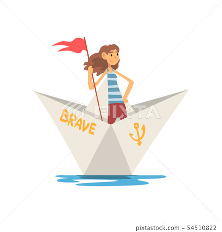 Woman in Striped Vest Boating with Flag in Paper Boat Vector Illustration Woman in Striped Vest Boating with Flag in Paper Boat Vector Illustration 54510822