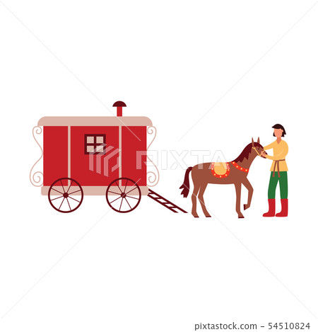 Gypsy vardo trotting wagon with brown horse and groom 54510824