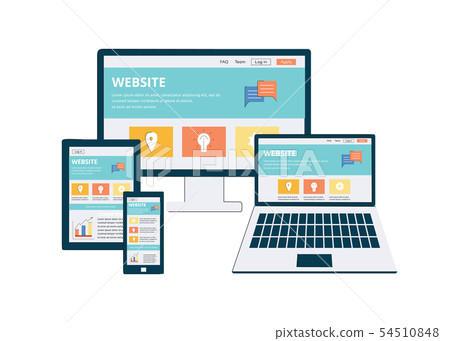 Website interface on modern technology screens. Computer monitor, phone, tablet, laptop with same 54510848