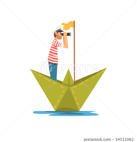 Man in Red White Striped T-Shirt and Binoculars Boating on River, Lake or Pond in Paper Boat Vector 54511062