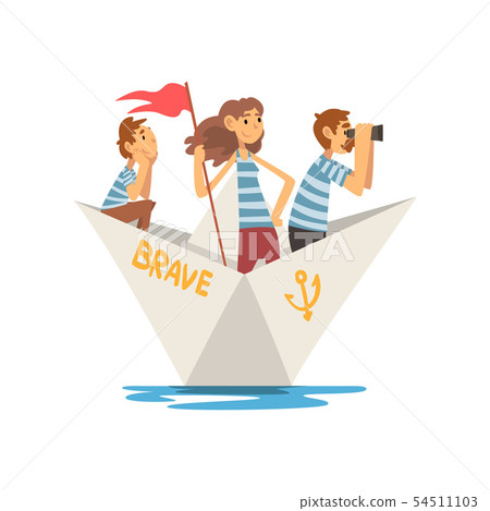 Father, Mother and Son in Striped T-Shirts Boating on River, Lake or Pond, Family Paper Boat Vector 54511103