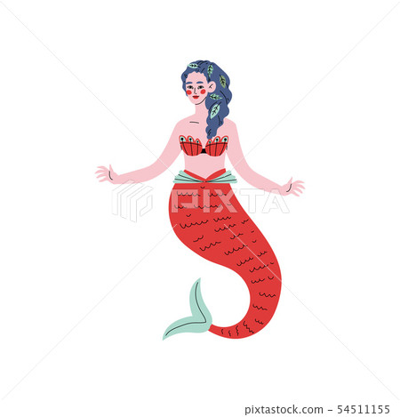 Beautiful Mermaid or Siren with Red Tail Vector Illustration Beautiful Mermaid or Siren with Red Tail Vector Illustration 54511155