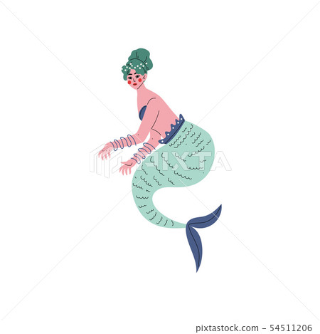 Beautiful Green Haired Mermaid Siren Vector Illustration 54511206