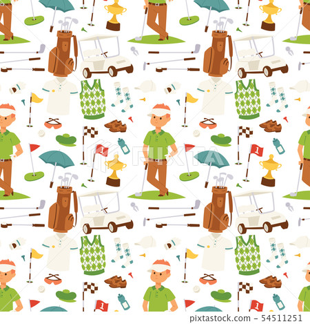 Golf player clothes and accessories golfing club male swing sport hobby equipment seamless pattern Golf player clothes and accessories golfing club male swing sport hobby equipment seamless pattern 54511251