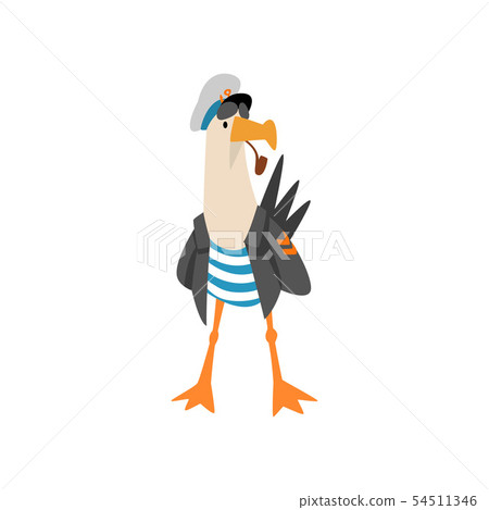 Seagull Sailor Smoking Pipe, Funny Bird Cartoon Character in Blue White Vest, Black Jacket and Seagull Sailor Smoking Pipe, Funny Bird Cartoon Character in Blue White Vest, Black Jacket and 54511346