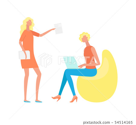Women with Laptop and Papers, Teamwork Vector Women with Laptop and Papers, Teamwork Vector 54514165