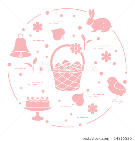 Easter Simnel cake, basket, eggs, bell, chick. 54515520