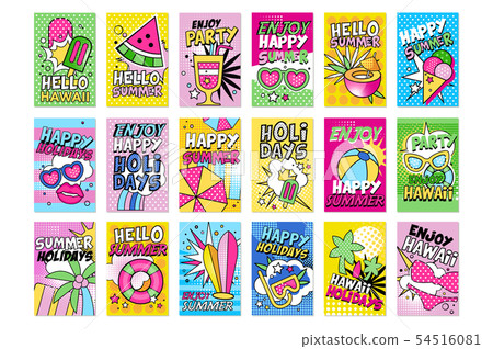 Summer poster set, Hello summer, Hawaii, Enjoy party, Happy holidays can be used for invitation Summer poster set, Hello summer, Hawaii, Enjoy party, Happy holidays can be used for invitation 54516081