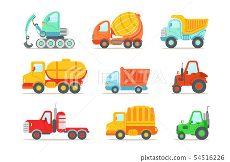 Flat vector set of colorful construction and cargo vehicles. Concrete mixing truck, large dumper Flat vector set of colorful construction and cargo vehicles. Concrete mixing truck, large dumper 54516226