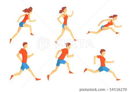 Flat vector set of people in running action. Professional athletes. Runners in sportswear. Active 54516270
