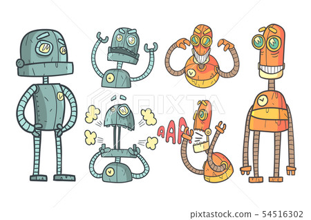 Vector set with robots in outline style with colorful fill. Gray and orange mechanical androids with 54516302