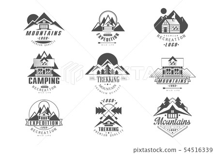 Mountain, expedition logo set, camping, trekking retro badges in monochrome style vector Mountain, expedition logo set, camping, trekking retro badges in monochrome style vector 54516339