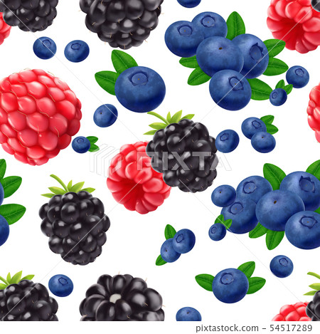 Blackberry blueberry cherry and raspberry seamless pattern. 3d realistic vector berries. Blackberry blueberry cherry and raspberry seamless pattern. 3d realistic vector berries. 54517289