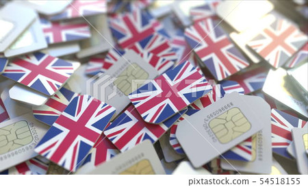 Pile of SIM cards with flag of the United Kingdom. British mobile telecommunications related Pile of SIM cards with flag of the United Kingdom. British mobile telecommunications related 54518155