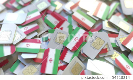 Multiple SIM cards with flag of Iran. Iranian mobile telecommunications conceptual 3D rendering Multiple SIM cards with flag of Iran. Iranian mobile telecommunications conceptual 3D rendering 54518214