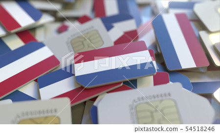 Multiple SIM cards with flag of the Netherlands. Dutch mobile telecommunications conceptual 3D 54518246