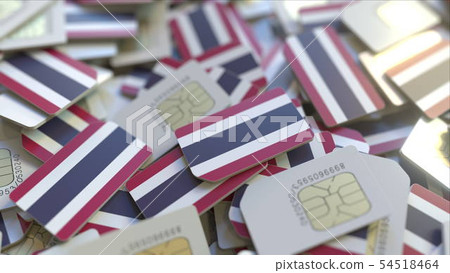 Many SIM cards with flag of Thailand, Thai mobile telecommunications related 3D rendering 54518464