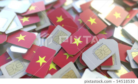 Pile of SIM cards with flag of Vietnam. Vietnamese mobile telecommunications related conceptual 3D Pile of SIM cards with flag of Vietnam. Vietnamese mobile telecommunications related conceptual 3D 54518530
