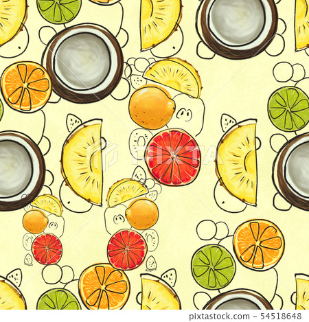 Hand drawn pattern with bananas, coconuts, pineapples. Seamless summer background. Hand drawn pattern with bananas, coconuts, pineapples. Seamless summer background. 54518648