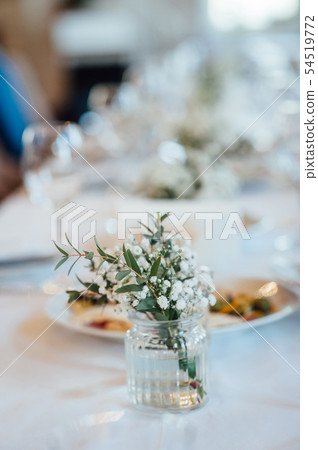 Festive wedding table setting. Empty wine glasses Festive wedding table setting. Empty wine glasses 54519772