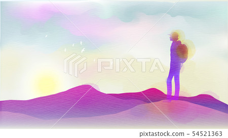 Watercolor of man standing on top of mountain. 54521363
