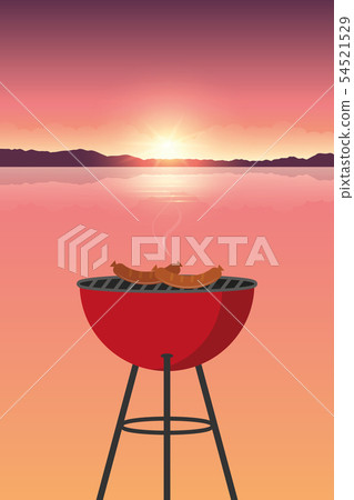barbeque time in the nature landscape by the lake at sunset 54521529
