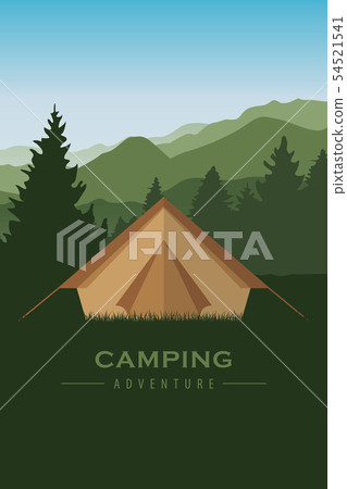 camping adventure tent at green mountain and forest landscape camping adventure tent at green mountain and forest landscape 54521541