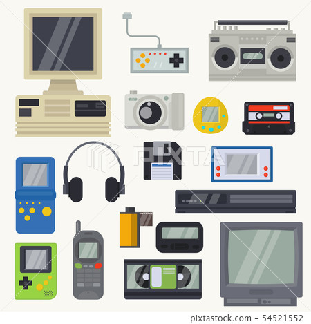 Retro technology vintage computer tech and old pc monitor with floppy illustration technological set Retro technology vintage computer tech and old pc monitor with floppy illustration technological set 54521552